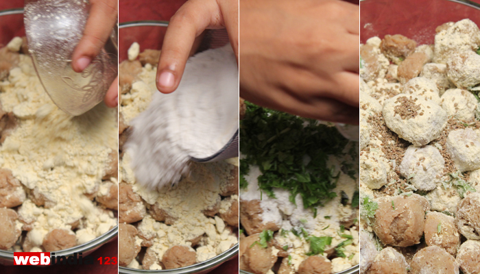 Mix soya chunks, gram flour, rice flour, salt, carom seeds, chopped coriander