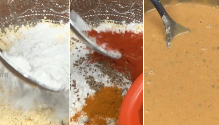 take gram flour, rice flour, carom seeds, turmeric powder, red chilly powder and salt