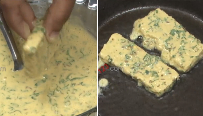 dip the bread slices in the batter one at a time and slowly drop into the frying pan