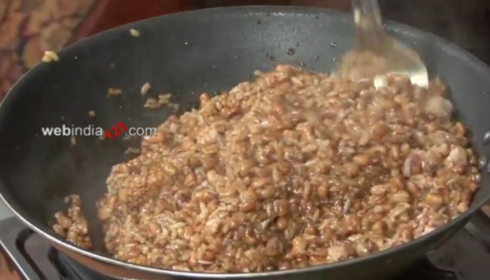 add the cooked big gram and rice to the pan