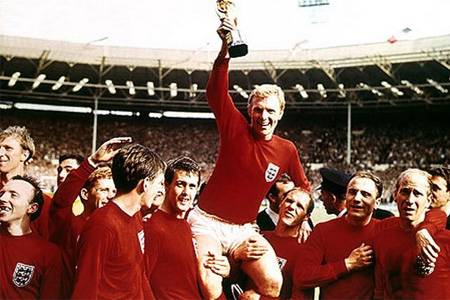 Bobby Moore lifting the trophy for England